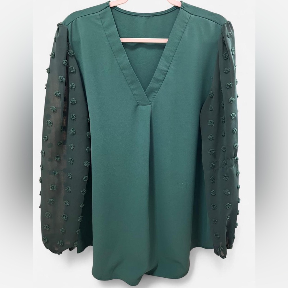 Emerald Green Sheer Sleeve Blouse with Pom Pom Detail | Size XL